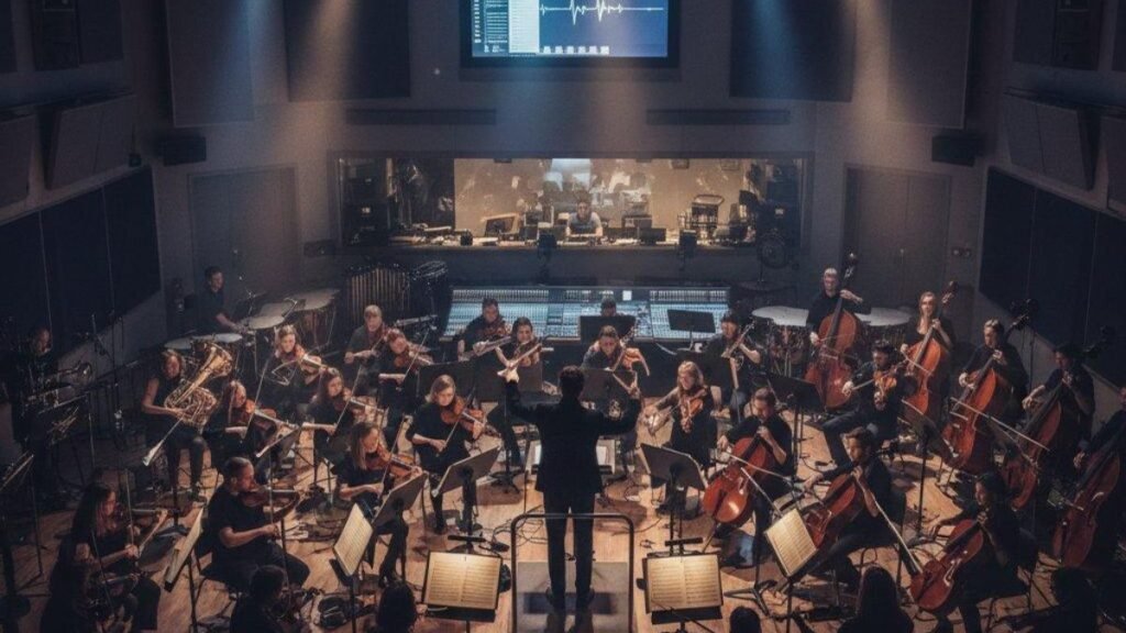 Orquestra gravando trilha sonora para filmes, séries e animes